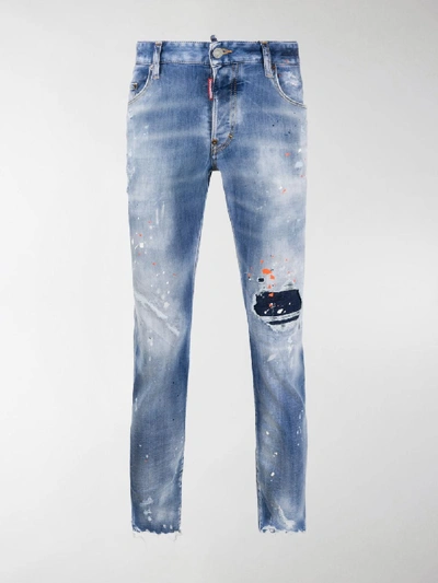 Shop Dsquared2 Splatter-print Distressed-finish Skinny Jeans In Blue