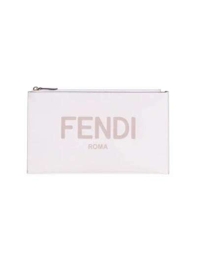 Shop Fendi Medium Logo Leather Pouch In Ice White