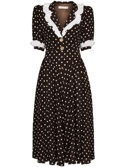 Shop Alessandra Rich Polka-dot Ruffled Midi Dress In Brown