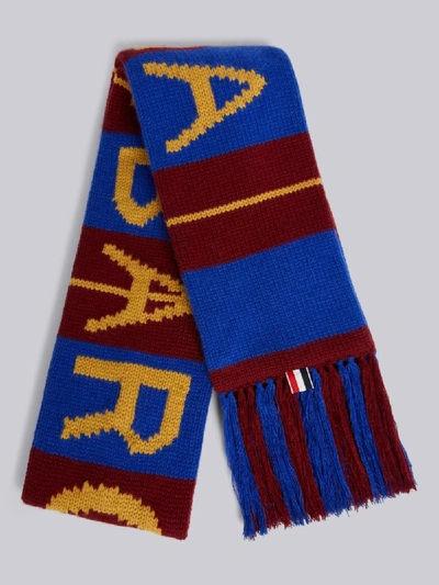 Shop Thom Browne Multi-color Cashmere Fringed Fcb Intarsia Scarf In Blue