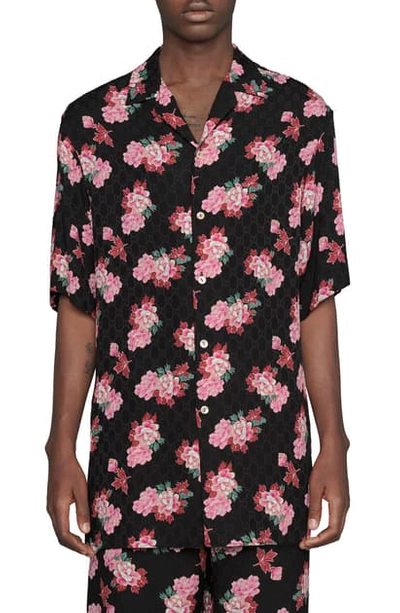 Shop Gucci Peony Fantasy Short Sleeve Gg Jacquard Button-up Shirt In Black/ P. Rose