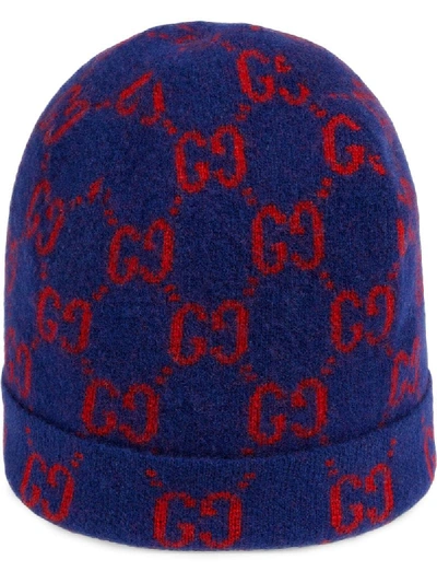 Shop Gucci Gg Intarsia-knit Beanie Hat In Blue