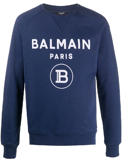 Shop Balmain Logo Print Crew Neck Sweatshirt In Blue