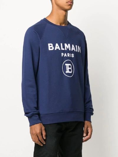 Shop Balmain Logo Print Crew Neck Sweatshirt In Blue