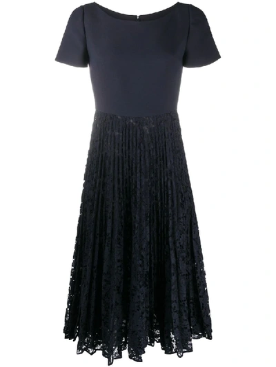 Shop Valentino Pleated Lace-detail Dress In Blue