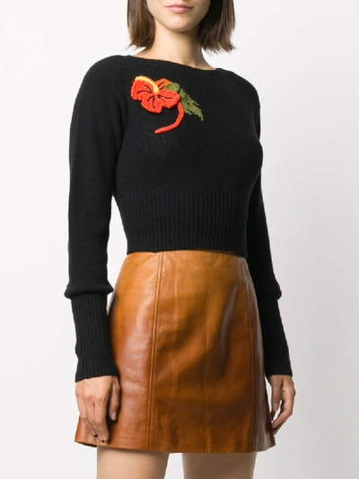 Shop Prada Knit Crop Jumper With Crochet Flower Detail In Black