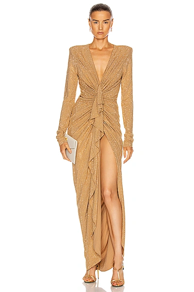 Shop Alexandre Vauthier Studded Gathered Maxi Dress In Beige