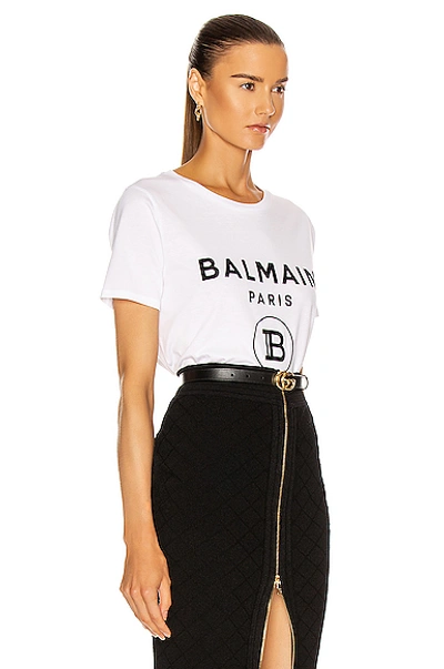 Shop Balmain Flocked Logo T-shirt In Blanc & Noir