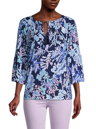 Shop Pappagallo Kelsi Coral Reef-print Blouse In Bright Navy
