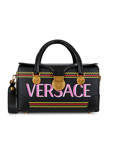 Shop Versace Leather Logo-front Top Handle Bag In Black Multi