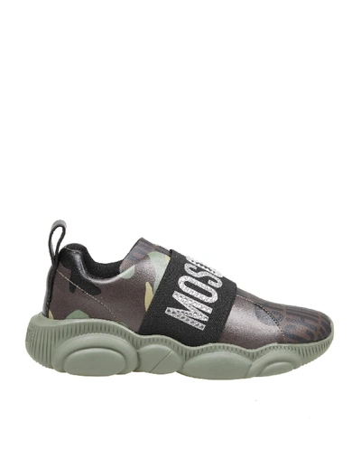Shop Moschino Slip On Teddy Run In Leather In Camouflage