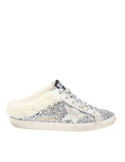 Shop Golden Goose Superstar Silver Glitter Sabot