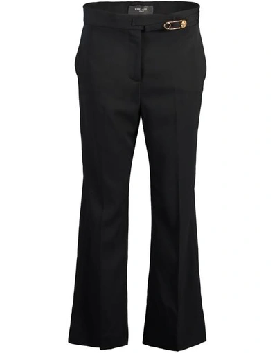 Shop Versace Black Wool Gold Pin Cropped Flared Trouser