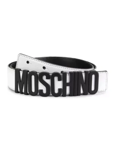 Shop Moschino Matte Logo Leather Belt In White Black