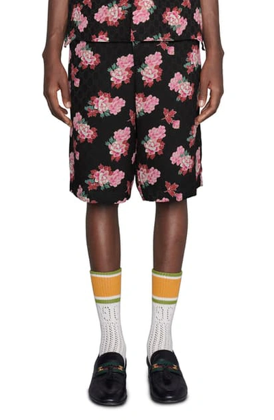 Shop Gucci Peony Fantasy Gg Silk Jacquard Shorts In Black/ Pink