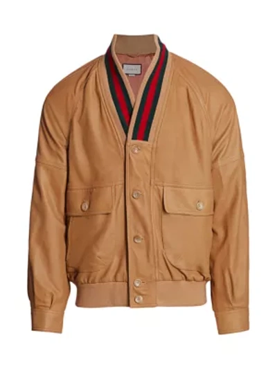 Shop Gucci Leather Bomber Jacket In Camel