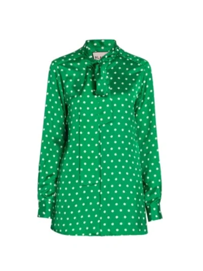 Shop Plan C Women's Satin Polka Dot Tieneck Blouse In White Polka Dot Green