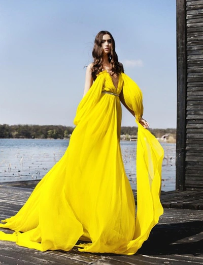 Shop Manurí Lidia Gown With Crystal Belt In Yellow