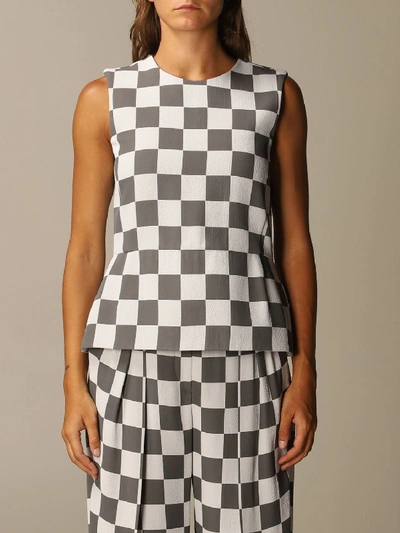 Shop Emporio Armani Checkered Viscose Blend Top In Grey