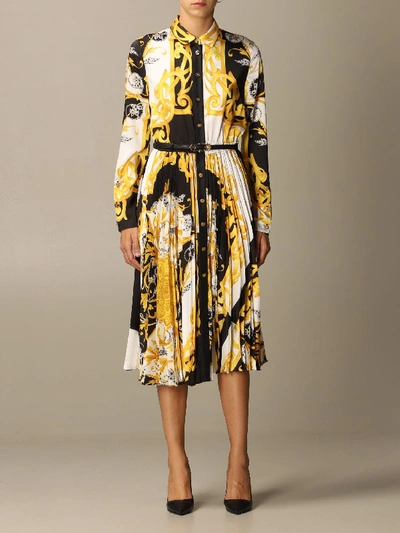 Shop Versace Pleated Shirt Dress With Baroque Acanthus Print In Gold