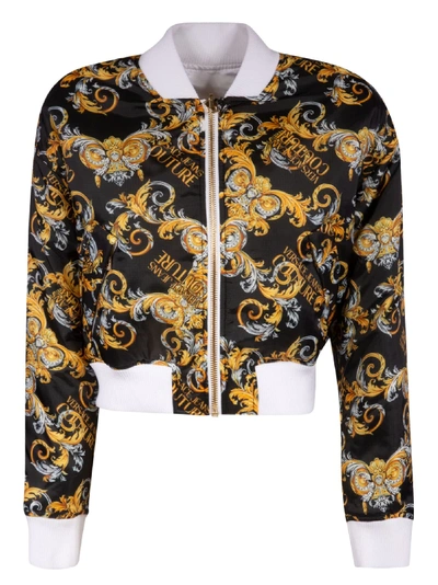 Shop Versace Jeans Couture Cropped Length Printed Bomber In Black/gold/white