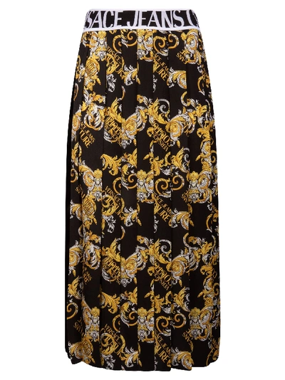 Shop Versace Jeans Couture Waist Logo Pleated Skirt In Black/yellow