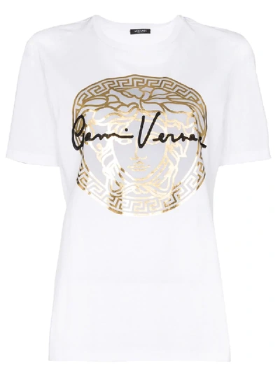 Shop Versace Top Tee Cn Ss Gld Medusa Logo In White