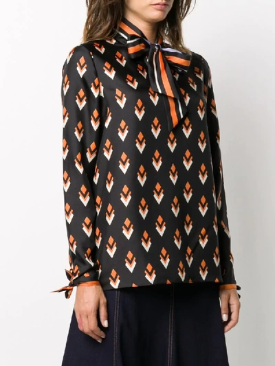 Valentino Pussy-bow Diamond-print Silk Top In Black