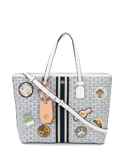 Tory Burch Multicolor Gemini Link Canvas Tote With Patches In Blue