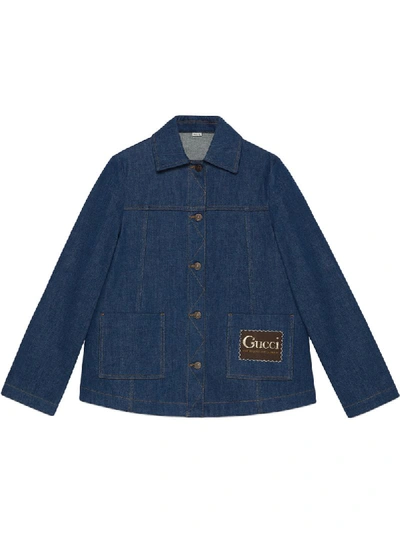 Shop Gucci Label Denim Jacket In Blue