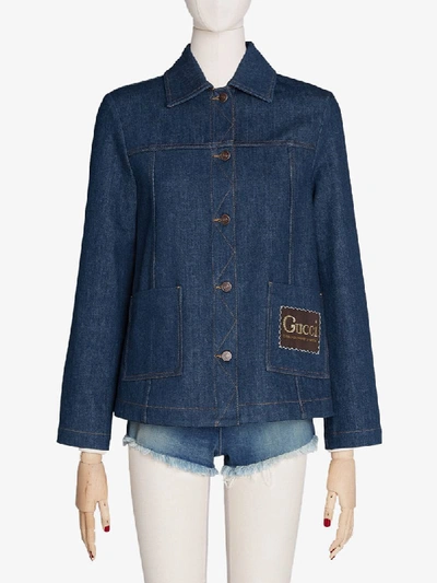 Shop Gucci Label Denim Jacket In Blue
