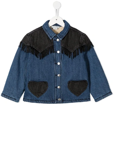 Shop Stella Mccartney Contrast Fringe Denim Jacket With Faux Shearling Lining In Blue