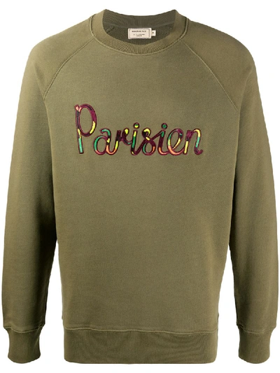 Shop Maison Kitsuné Parisien-embroidered Cotton Sweatshirt In Green