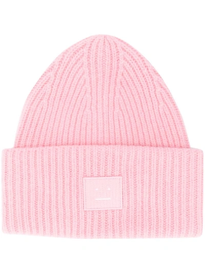 Acne Studios Pansy Face Patch Rib Wool Beanie In Pink | ModeSens