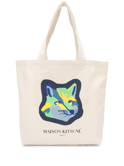 Shop Maison Kitsuné Fox Head-print Tote Bag In Neutrals