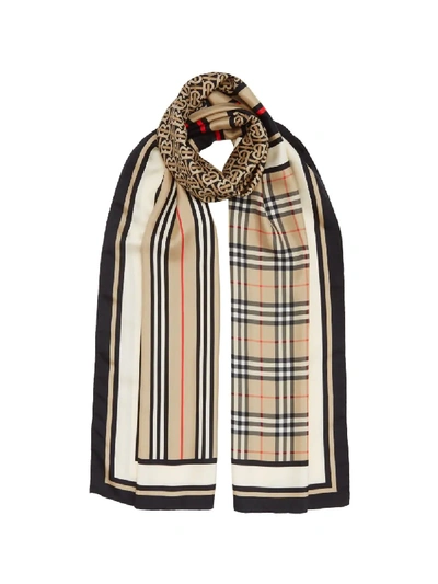 Shop Burberry Monogram, Icon Stripe And Check Print Silk Scarf In Neutrals