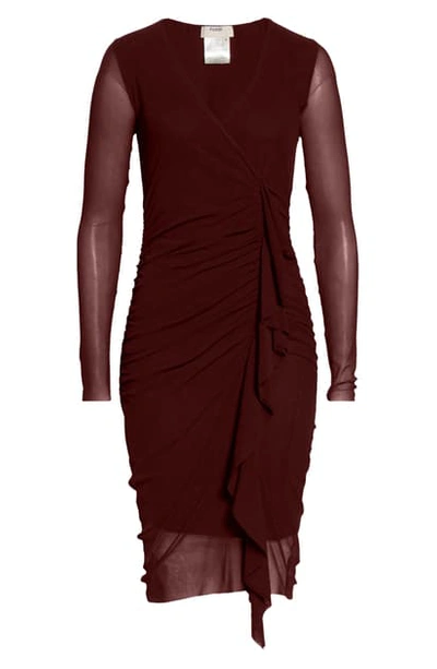Shop Fuzzi Ruched Ruffle Long Sleeve Dress In Vino