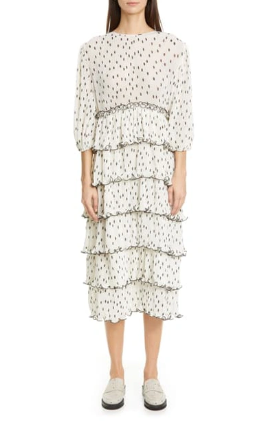 Shop Ganni Polka Dot Tiered Long Sleeve Plisse Midi Dress In Egret