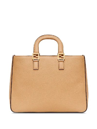 Shop Fendi Ff Leather Tote Bag In Beige