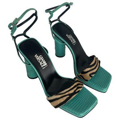 Pre-owned Versace Leather Sandals In Turquoise