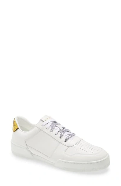 Shop Versace Ilus Leather Sneaker In White/ Black/ Oro