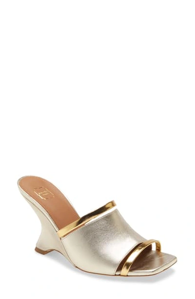 Shop Malone Souliers Demi Metallic Leather Wedge Slide Sandal In Platino/ Gold