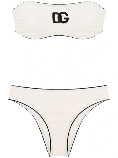 Shop Dolce & Gabbana Logo Embroidered Bandeau Bikini In Neutrals