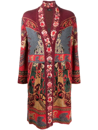 Shop Etro Floral Pattern Long Cardigan In Red