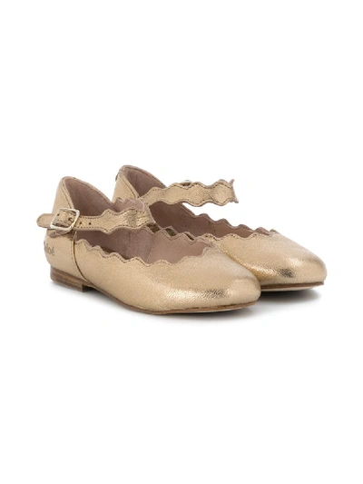 Shop Chloé Scalloped Leather Ballerina Pumps In Gold