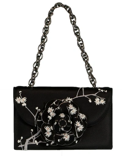 Shop Oscar De La Renta Embroidered Satin Tro Bag In Black