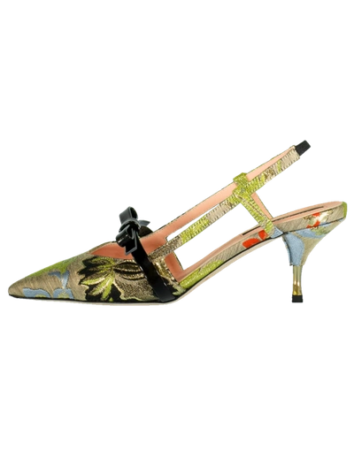 Shop Rochas Brocade Bow Slingback In Bge/blk