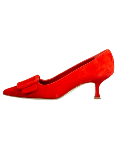 Manolo Blahnik Maysale Buckle Pointed Toe Pump In Red