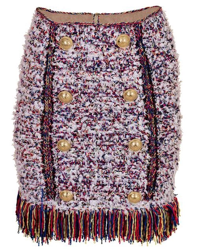 Shop Balmain Button Front Fringe Tweed Skirt In Multi