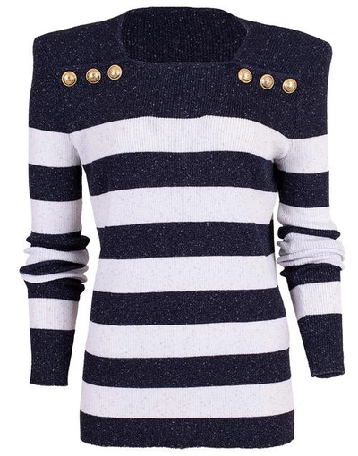 Shop Balmain Striped Knit Sweater In Wht/blue